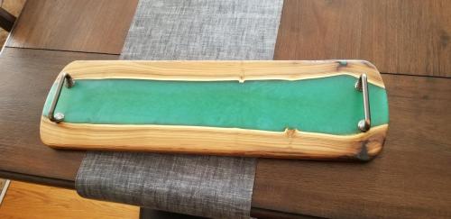 Russian Olive Wood with Jungle Green epoxy Charcuterie board accented with copper handles