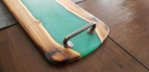 Russian Olive Wood with Jungle Green epoxy Charcuterie board accented with copper handles