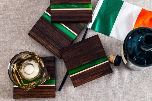 Set of 4 Walnut Coaster with emerald epoxy and copper accent