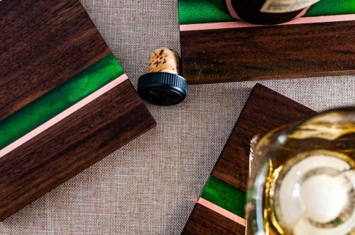 Set of 4 Walnut Coaster with emerald epoxy and copper accent