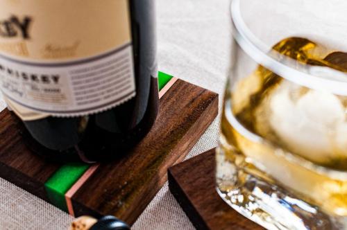 Set of 4 Walnut Coaster with emerald epoxy and copper accent