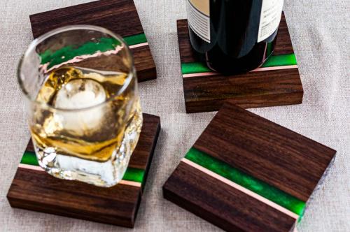 Set of 4 Walnut Coaster with emerald epoxy and copper accent