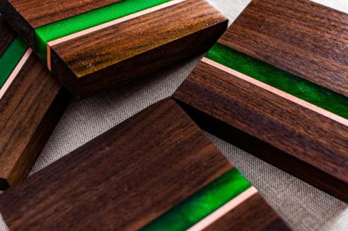 Set of 4 Walnut Coaster with emerald epoxy and copper accent
